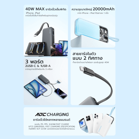 แบตสำรอง CUKTECH LPB200N สีเทา มาตรฐาน CCC ชาร์จเร็ว 20000 MAH USB-C 40W และ USB-A 33W_2